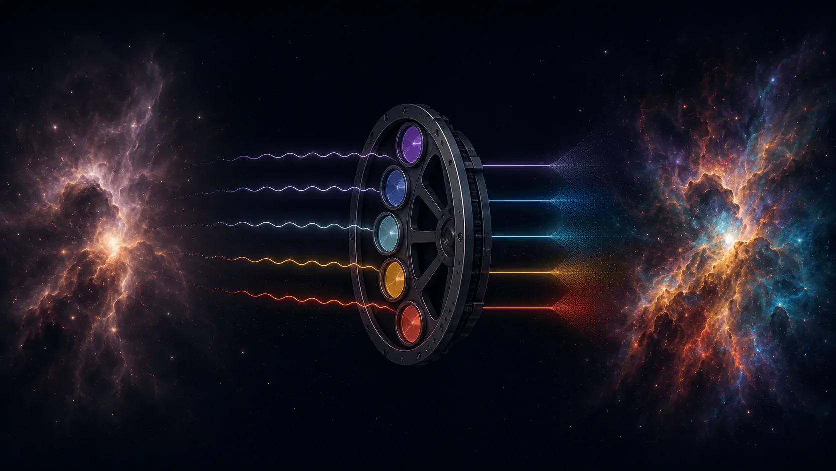 Ilustración en la que datos infrarrojos de distintas longitudes de onda se separan en capas de color y se combinan en una imagen del espacio