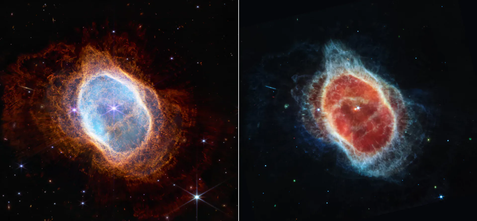 Dos vistas de la nebulosa del Anillo Sur: en la imagen NIRCam de la izquierda destacan estrellas y anillos de gas, mientras la imagen MIRI de la derecha muestra polvo rojizo cerca del centro